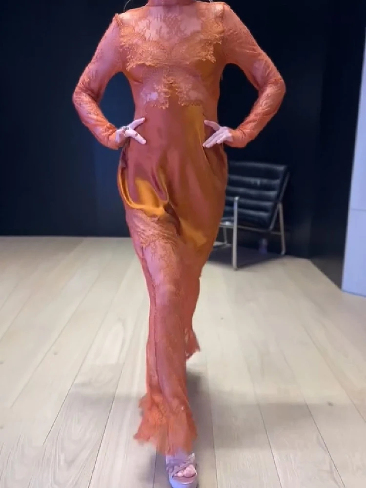Spitzen-Maxikleid mit Stehkragen für Damen, transparente Spitzenüberlage, Satinfutter, lange Ärmel, Meerjungfrauen-Saum, elegantes formelles Damenkleid – Detail 6