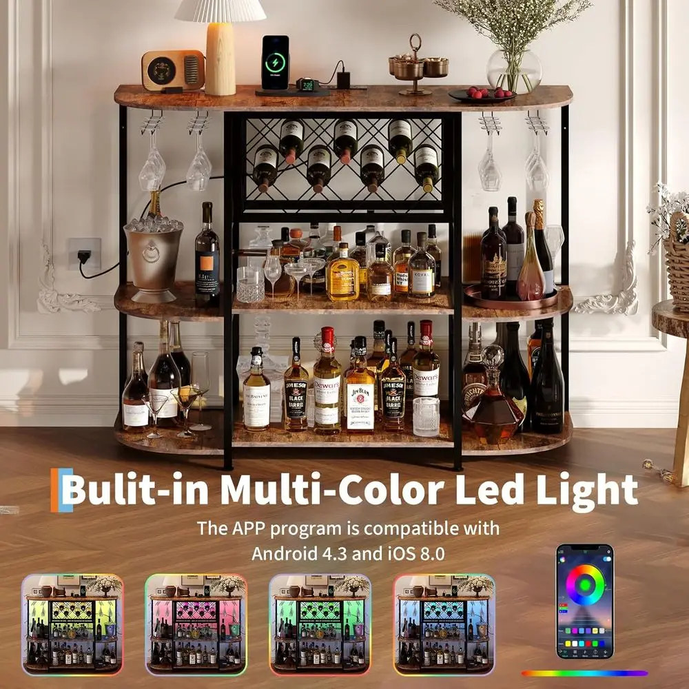 47,2 metalen thuisbarwagen met LED-verlichting, stopcontact, opbergruimte met 4 niveaus, wijnrekken en glazen houder