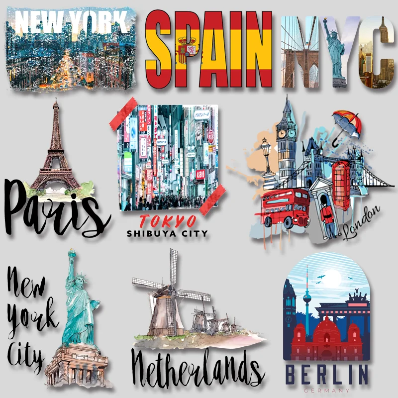 Typical City Scenery View NEW YORK LONDON PAIRS TOKYO Beautiful Image Thermal Transfer Patches Print On Shirts DIY Garment