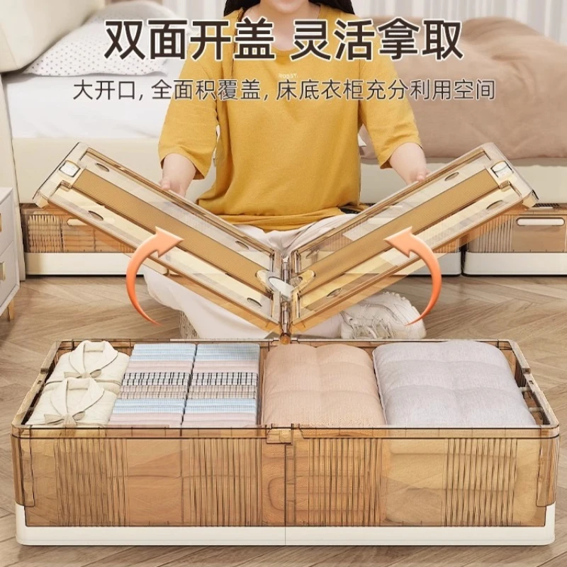 Flat Under Bed Storage Box With Wheels Foldable Transparent Clothes Quilt Organizer Household Premium Storage Container