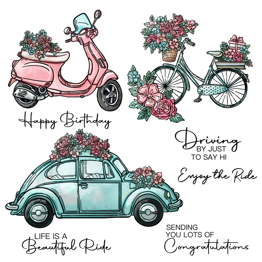 Mangocraft Spring Series Cutting Dies Clear Stamps Flowers And Cars Bicycle Motorcycle DIY Scrapbooking Cards Metal Dies Stamps