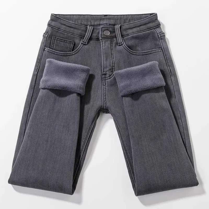 

Women's High Waist Fleece Lined Skinny Jeans Cold Grey Thickened Winter Warm Elastic Long Trousers Casual Cotton Stretch Denim