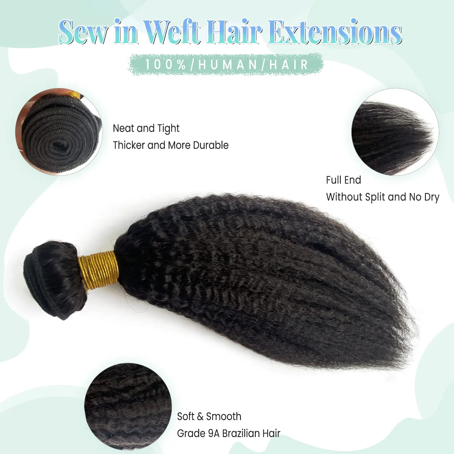 Fasci lisci crespi Capelli umani Cucire nelle estensioni dei capelli Capelli umani veri Estensioni dei capelli di trama da 24 pollici Capelli umani Nero naturale