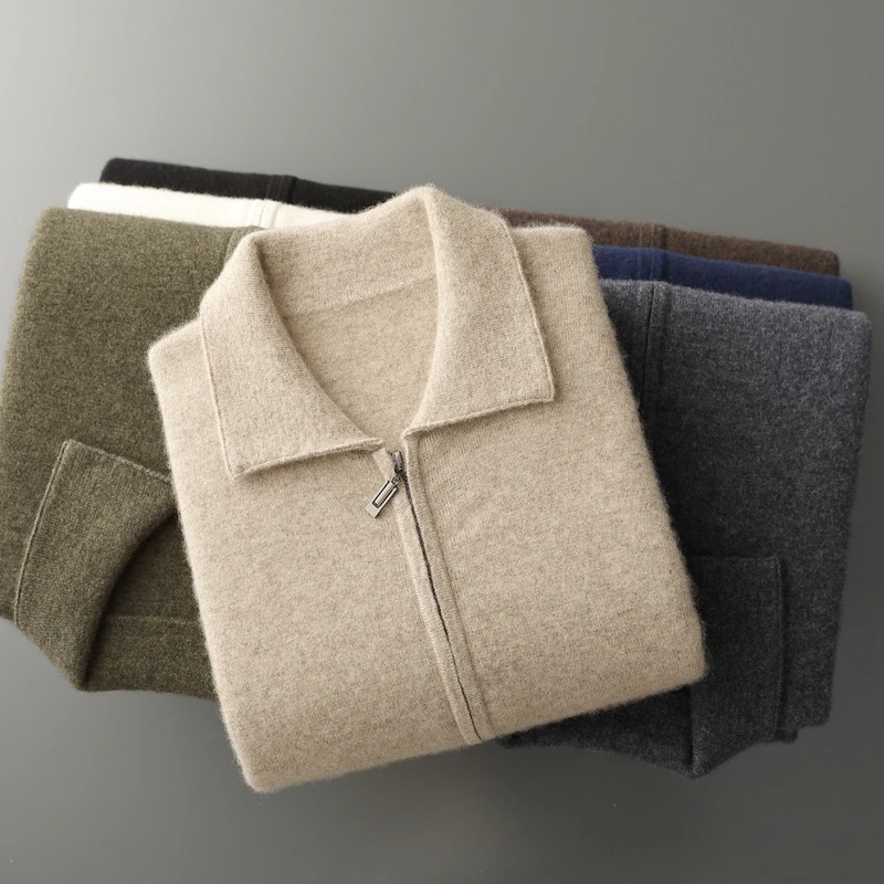 

Luxury Men 100% Cashmere Polo Collar Sweater Cardigan Wide Leg Pants Thick Warm Knitwear Autumn Winter Jacket Tops Pants