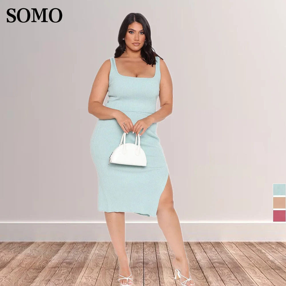 

High Elastic Fashion Ribbed Plus Size Women Clothing Tank Top and Midi Skirt Two Piece Set Summer Outfits Wholesale Dropshipping