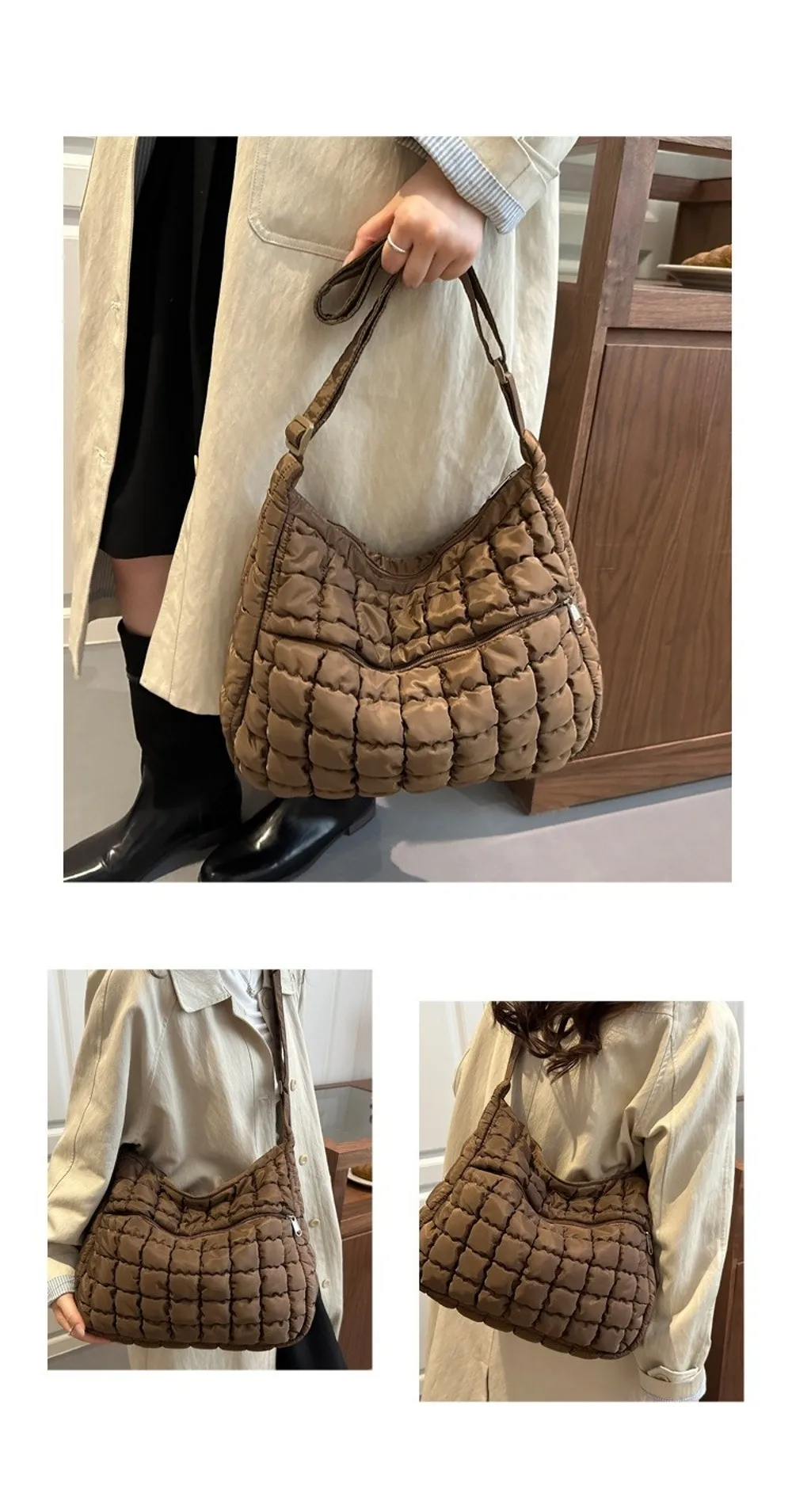 Gesteppte Puffer-Schultertasche mit Verstellbarem Riemen Einfarbige Gepolsterte Crossbody-Tasche aus Nylon mit Großer Kapazität Unterarmtasche für Damen – Detail 3