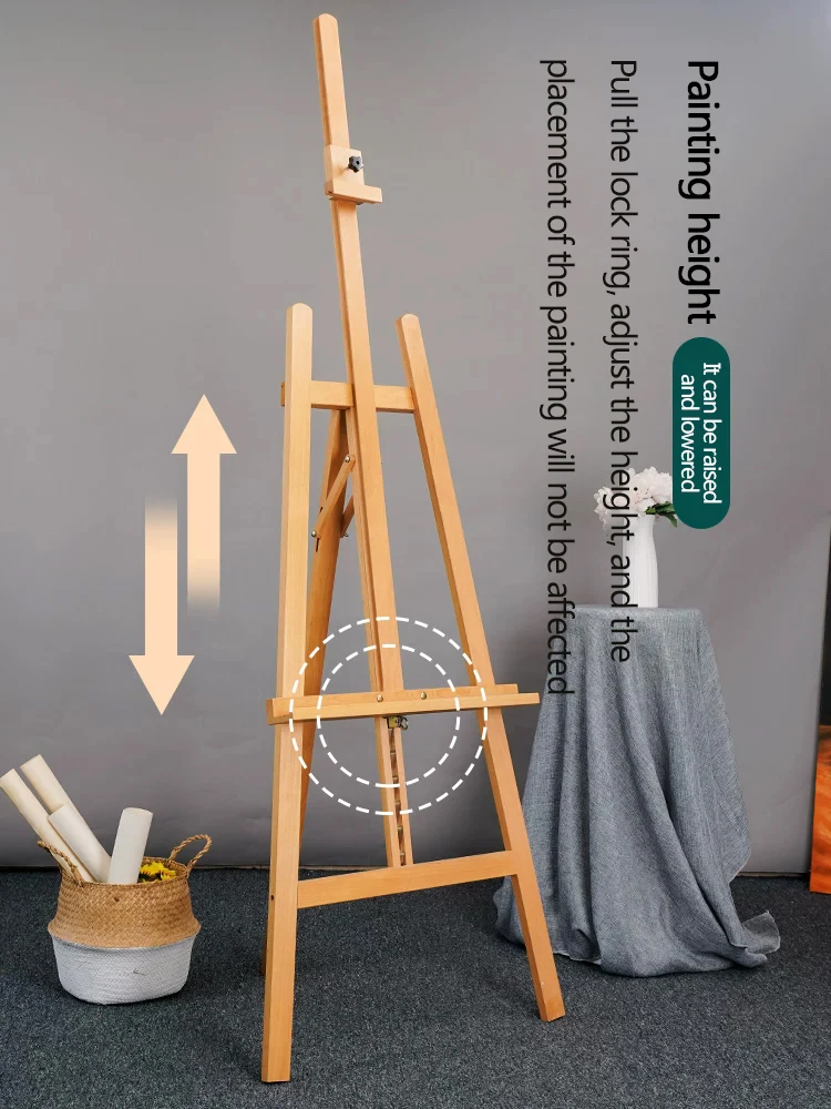 Beech wood easel art special wooden frame oil painting triangular rear support display stand, portable folding and telescopic