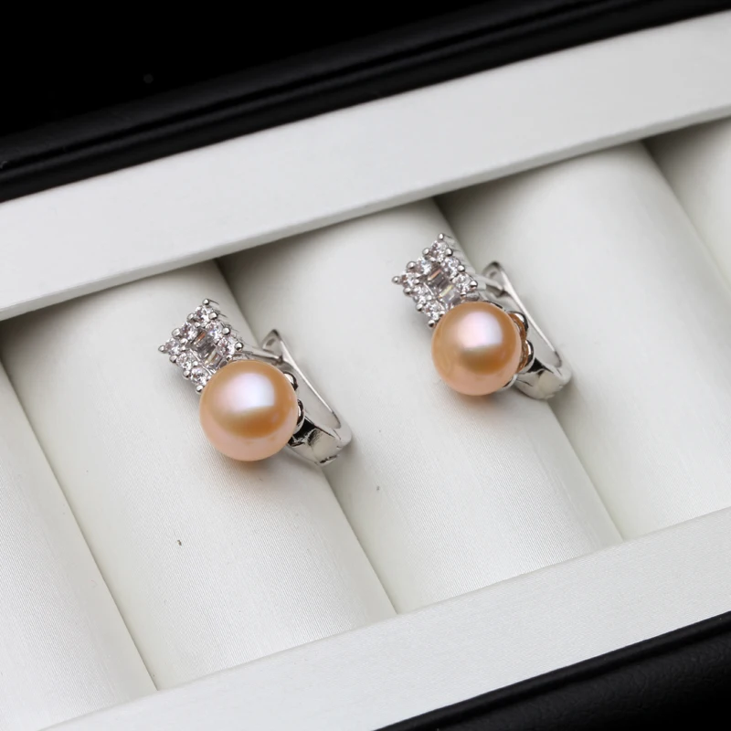 925 スターリングシルバー クリップオン イヤリング ピンク、本物の天然淡水黒真珠のイヤリング 女性 妻 母 誕生日ギフト ホワイト