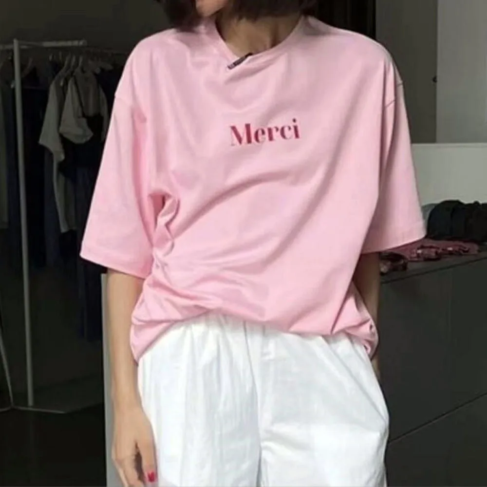 French Merci Letters Printing Women Pink T Shirts Summer Short Sleeve Loose Cotton Short Sleeve Tops Casual Elegant Tees