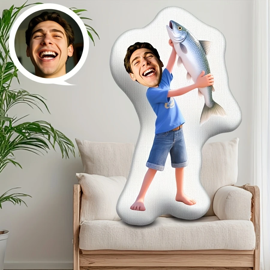 Personalized Photo Custom Fishing Pillow, Custom Real Face Cartoon Big Fish Holding Design Pillow, Fishing Enthusiast Gift Suita