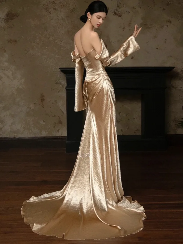 الذهب حورية البحر فساتين لحضور الحفلات الموسيقية قبالة الكتف الساتان مساء فستان طويل الأكمام الفاخرة الرسمية فستان حفلة كوكتيل مخصص