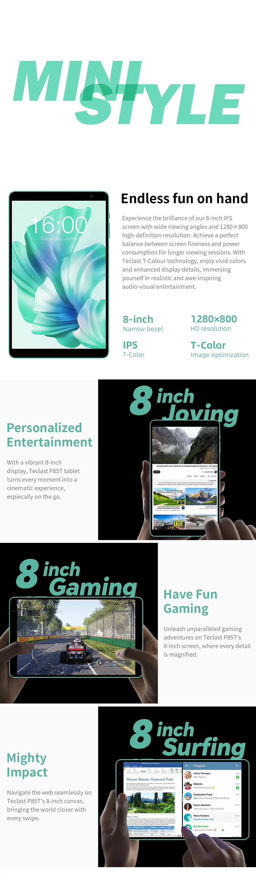 Teclast P85T Tablet PC Allwinner A523 8-Core/8inch 1280*800 HD IPS/4GB RAM/64GB ROM/5000mAh Type-C/Android 14/WiFi6+BT5.2
