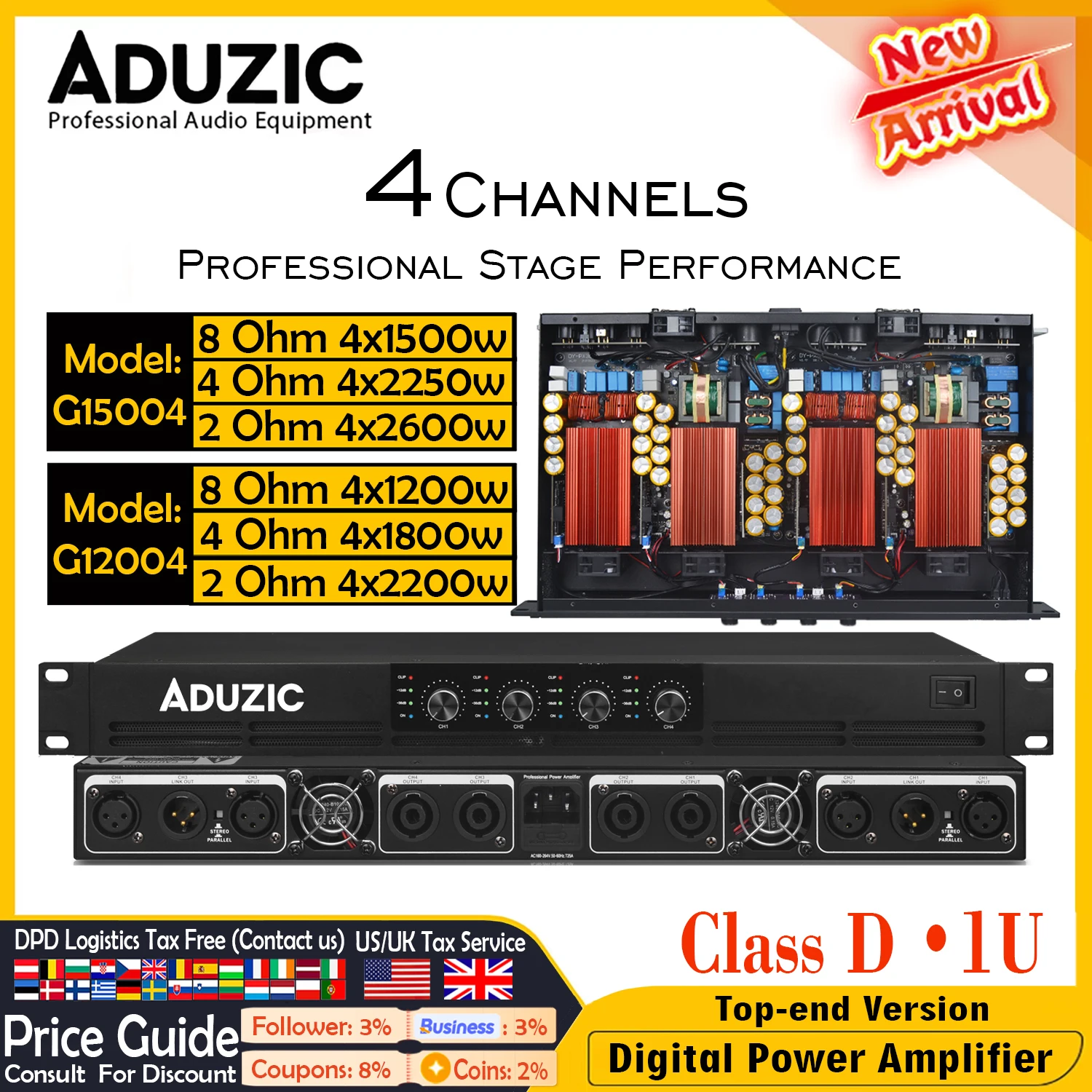 

Aduzic G15004 6000W Professional 4 Channel Class D Power Amplifier 4x1500W 1U High Power Digital Audio Amp For Stage Line Array