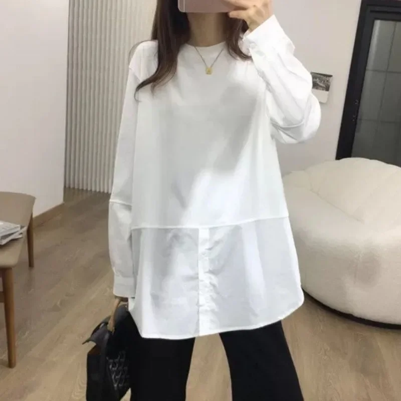 White T-shirts Women Patchwork Spring Autumn Loose Long Sleeve O-neck Solid Simple All-match Chic Sweet Japan Style Fashion Slim