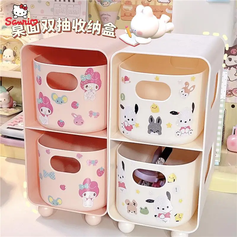 

Kawaii Sanrios Accessories Pochacco My Melody Cartoon Storage Box Cute Desktop Double Drawer Pen Holder Stationery Box Kids Gift