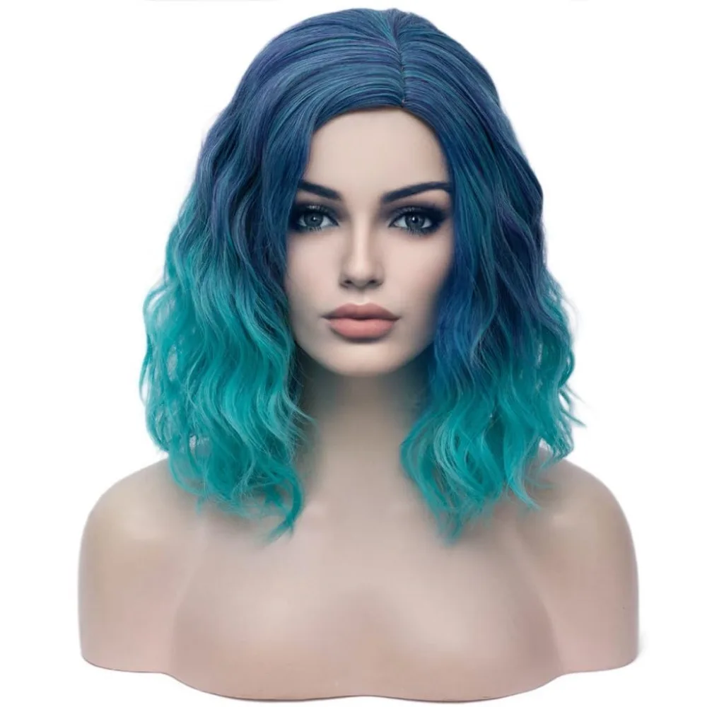 

14" Women Girls Colored Short Curly Bob Wavy Purple Ombre Pink Shoulder Length Wig Body Wave Daily or Cosplay Hair Wigs