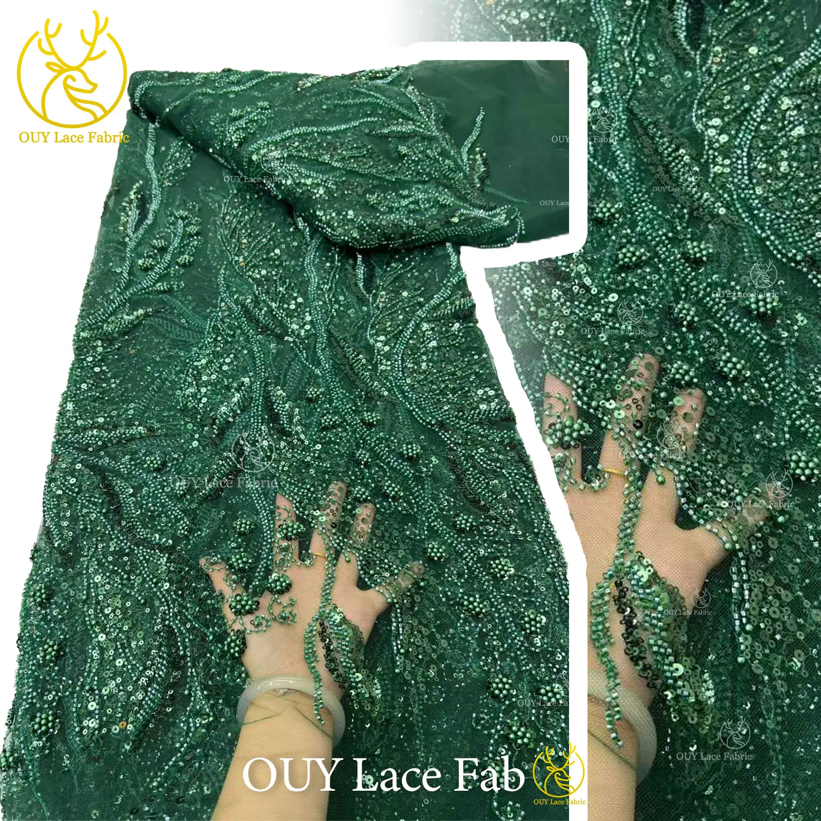 

Green Luxury African Embroidery Sequins Lace Fabric 5 Yards French Beaded Tulle Lace Nigerian Fabric For Wedding Dress Sewing