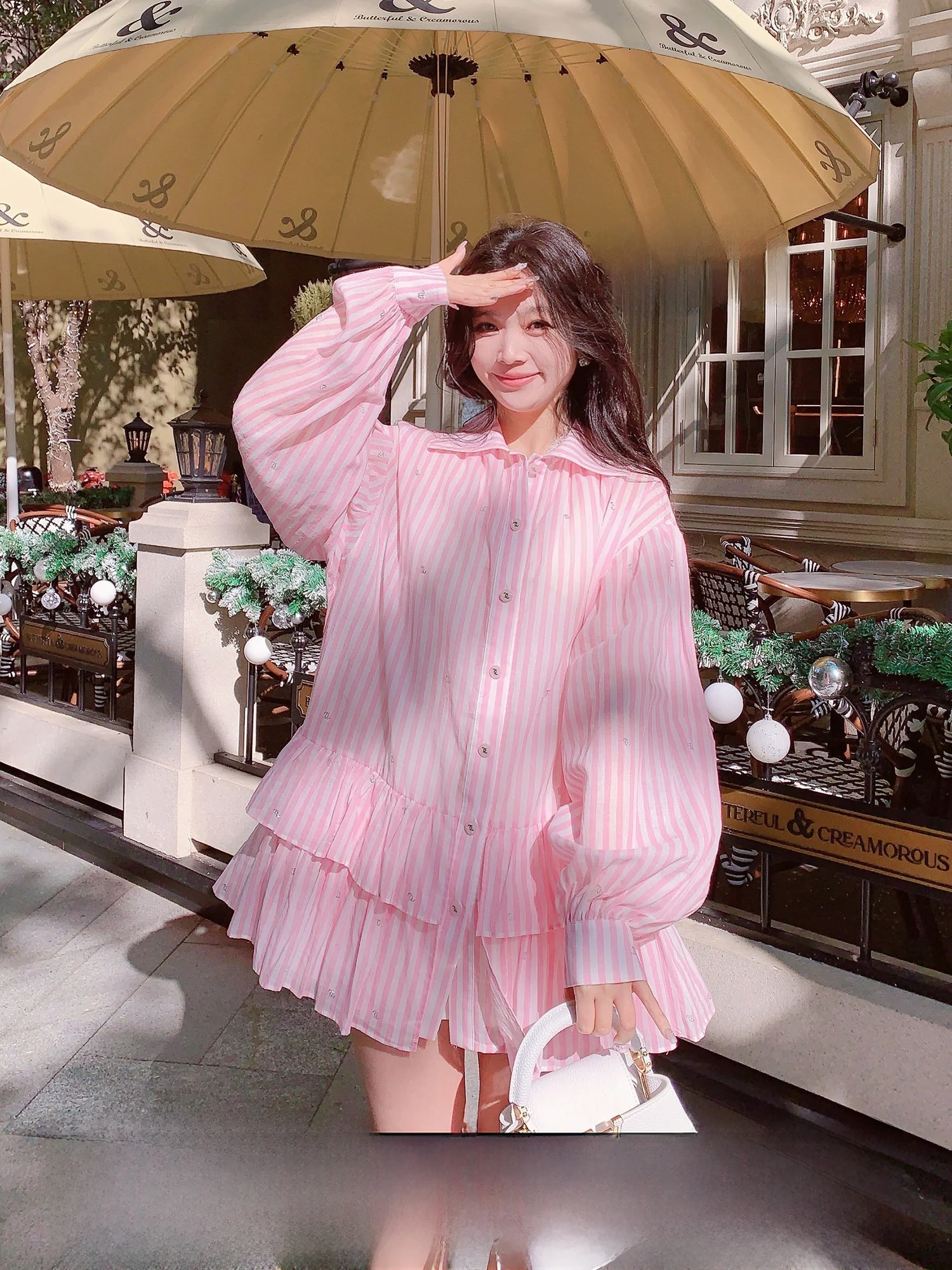 

MissLuxury Fraant irt Spring Summer Dr Pink Stripe Rhinestone Wood ain Mid-Length irt Dr Korean Sle Loos...