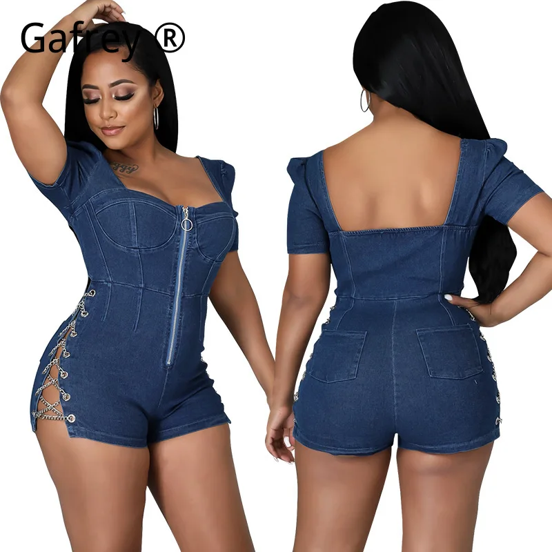 

2026 Sexy Denim Jumpsuit Front Zipper Open Back Backless Going Out Romper Streetwear Cargo Pocket Loose Fit Blue Jean Jumpsuits
