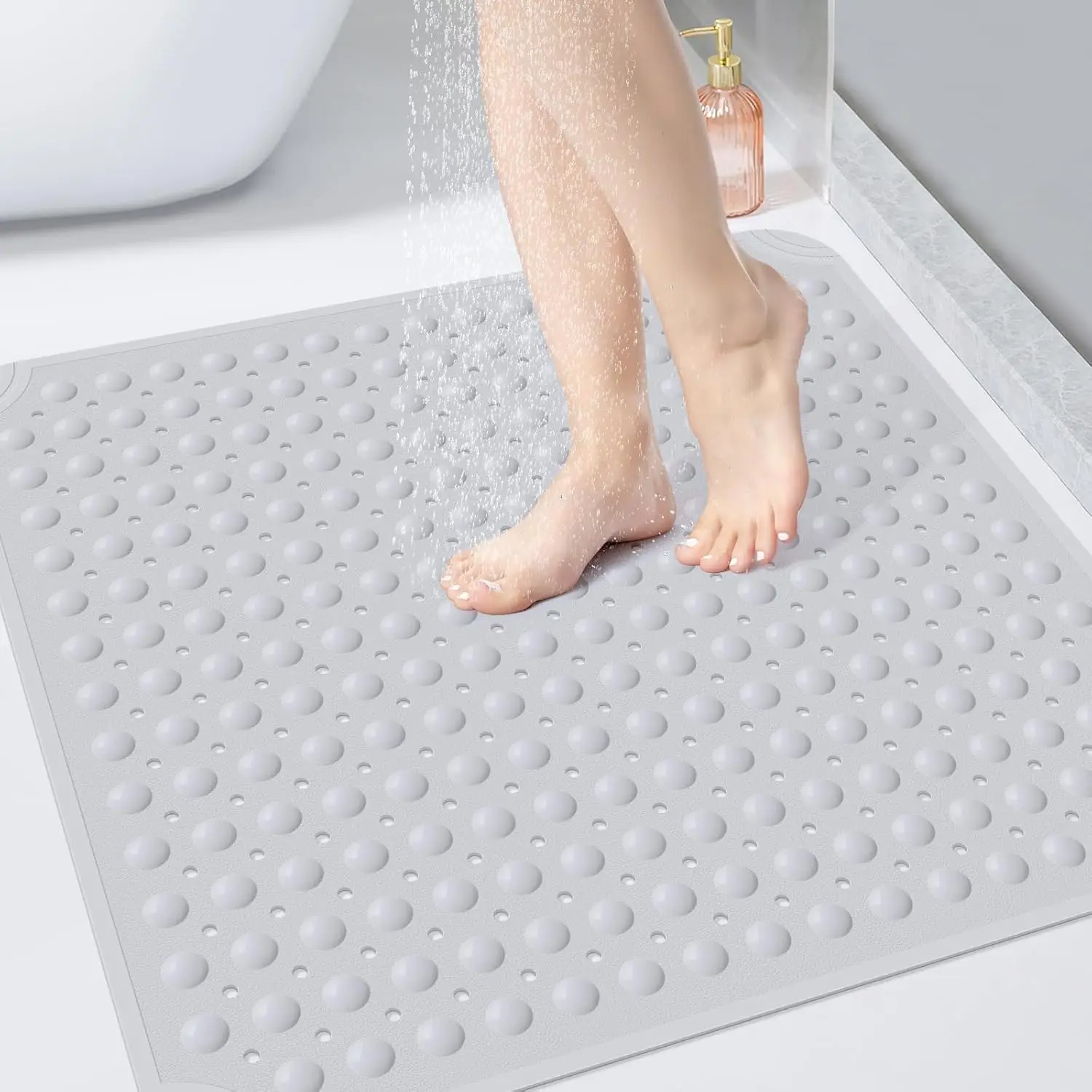 

32x32 TPE Non-Slip Shower Mat with Drain Holes and Suction Cups, Anti-Slip for Elderly and Kids in Light Grey
