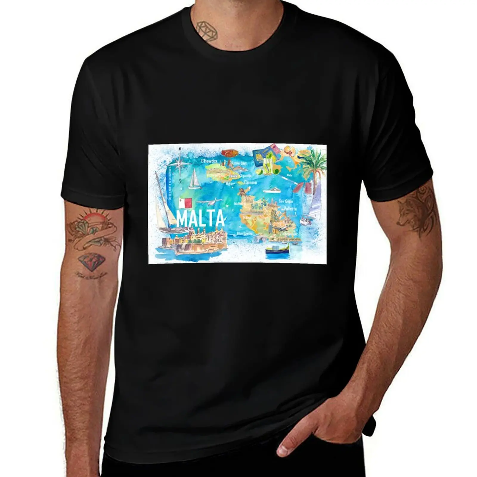 

Malta Illustrated Island Travel Map with Roads and Highlights T-Shirt man graphic t shirt T-Shirt