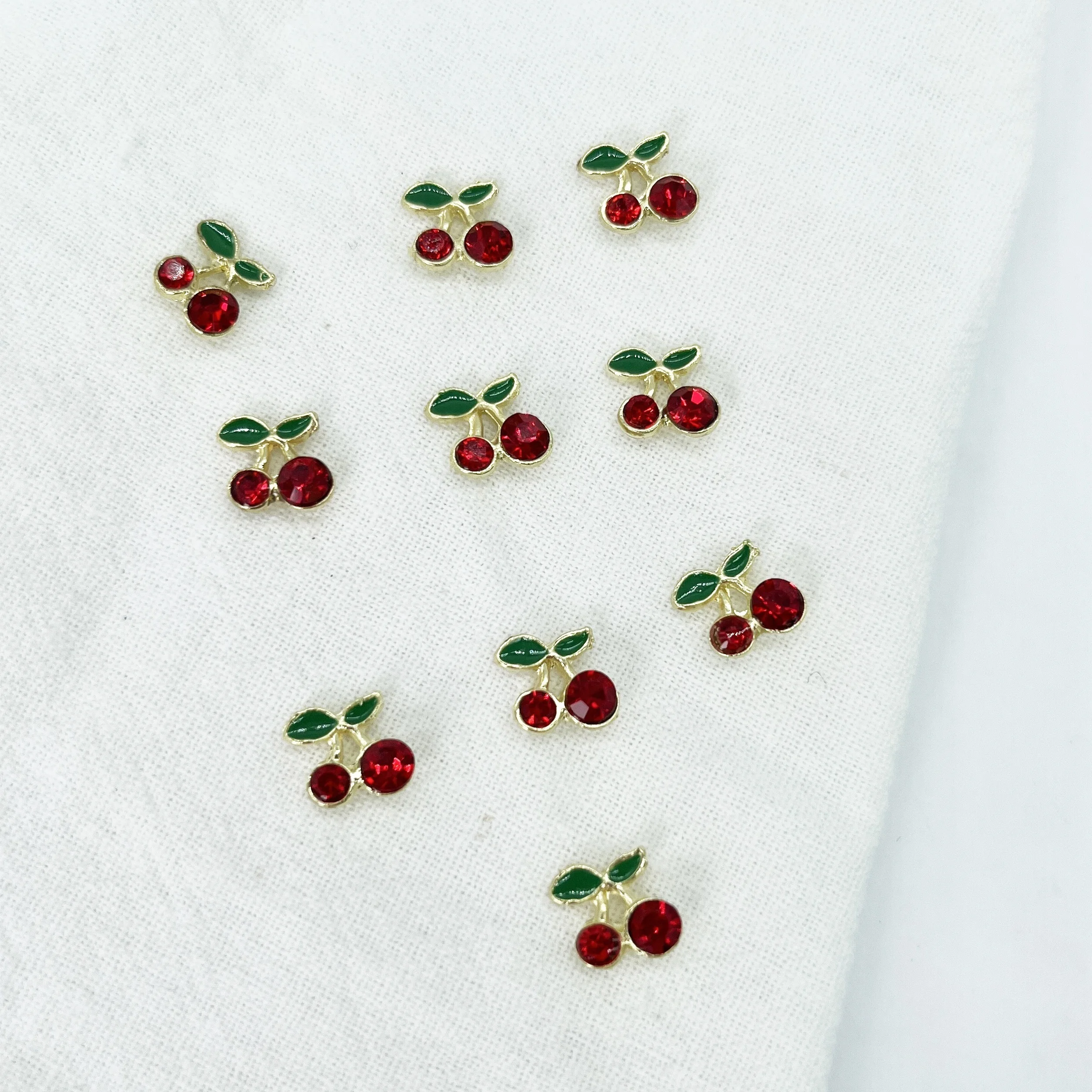 10pcs 3D Alloy Metal Cherry Shape Nail Art Rhinestone Crystal Cherries Leaves Press On Tips Acrylic Jewelry Nail Charms