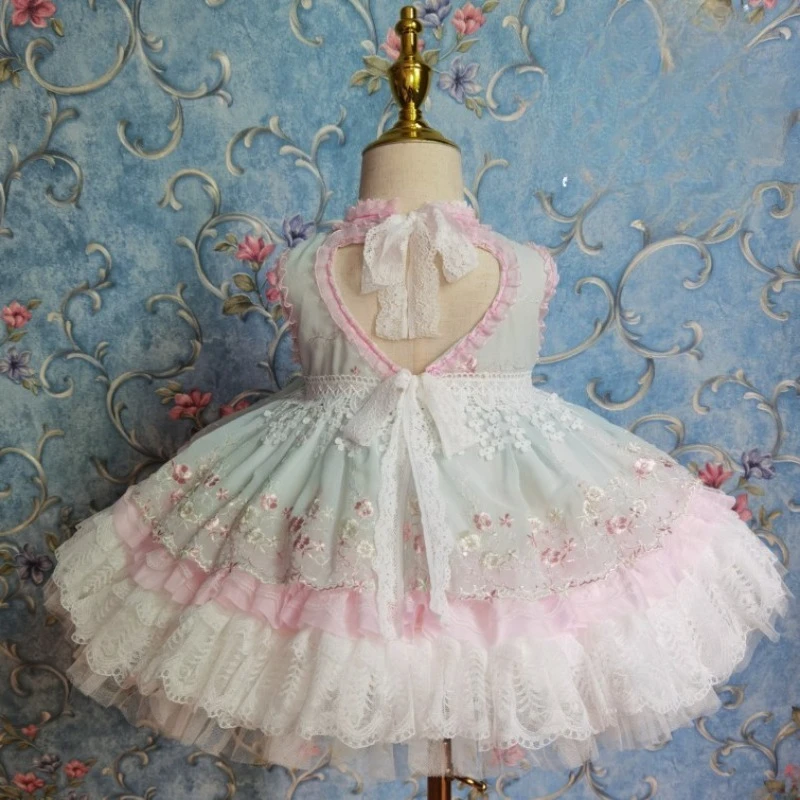 Spanisches Kinderkleid, mintgrünes, mit Blumen besticktes Kinder-Lolita-Kleid, rosa Spitze, mehrlagiger Tüllrock, Mädchen-Prinzessin-Partykostüm – Detail 10