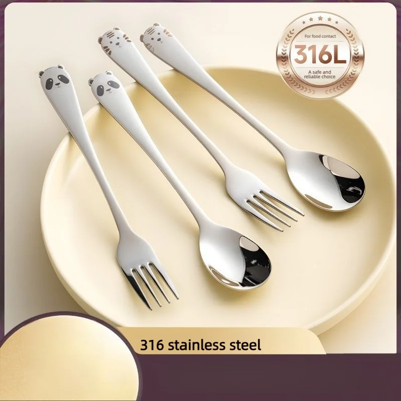 316l Stainless Steel Kids Spoon Fork Cartoon Long Handle Tableware Toddler Baby Feeding Utensil