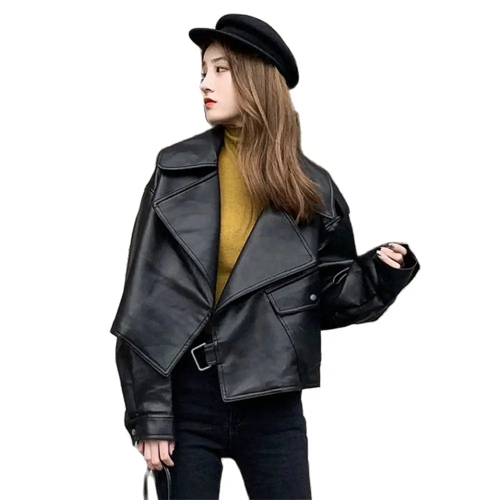 Neue Frühjahr Mantel Frauen Faux Leder Jacke Biker Rot Weiß Mantel Turndown Kragen PU Motorrad Jacken Lose Streetwear Oberbekleidung