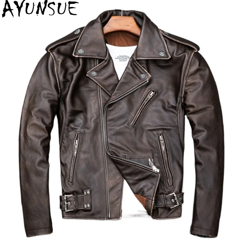 AYUNSUE Heavy Top Layer Cowhide Genuine Leather Jacket Man 2026 Stone Washed Vintage Coffee Brown Real Leather Coat Motorcycle