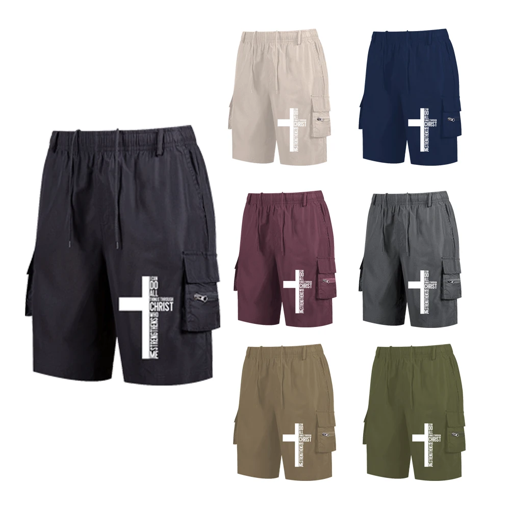 

Men's Summer Cargo Shorts with "Cross-Shaped Text" Print Multi-Pocket Drawstring Multiple Color Options Streetwear Half Pants