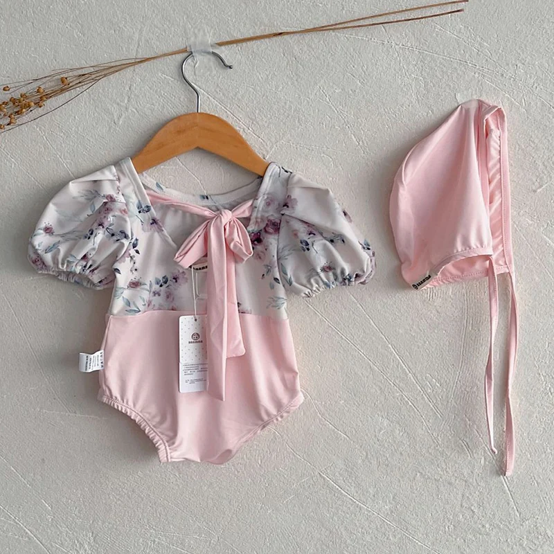 2024 Nieuwe Zomer Baby Meisjes Eendelig Badpak Met Korte Mouwen Print Baby Jumpsuit Badpak Kinderen Bikini Badmode