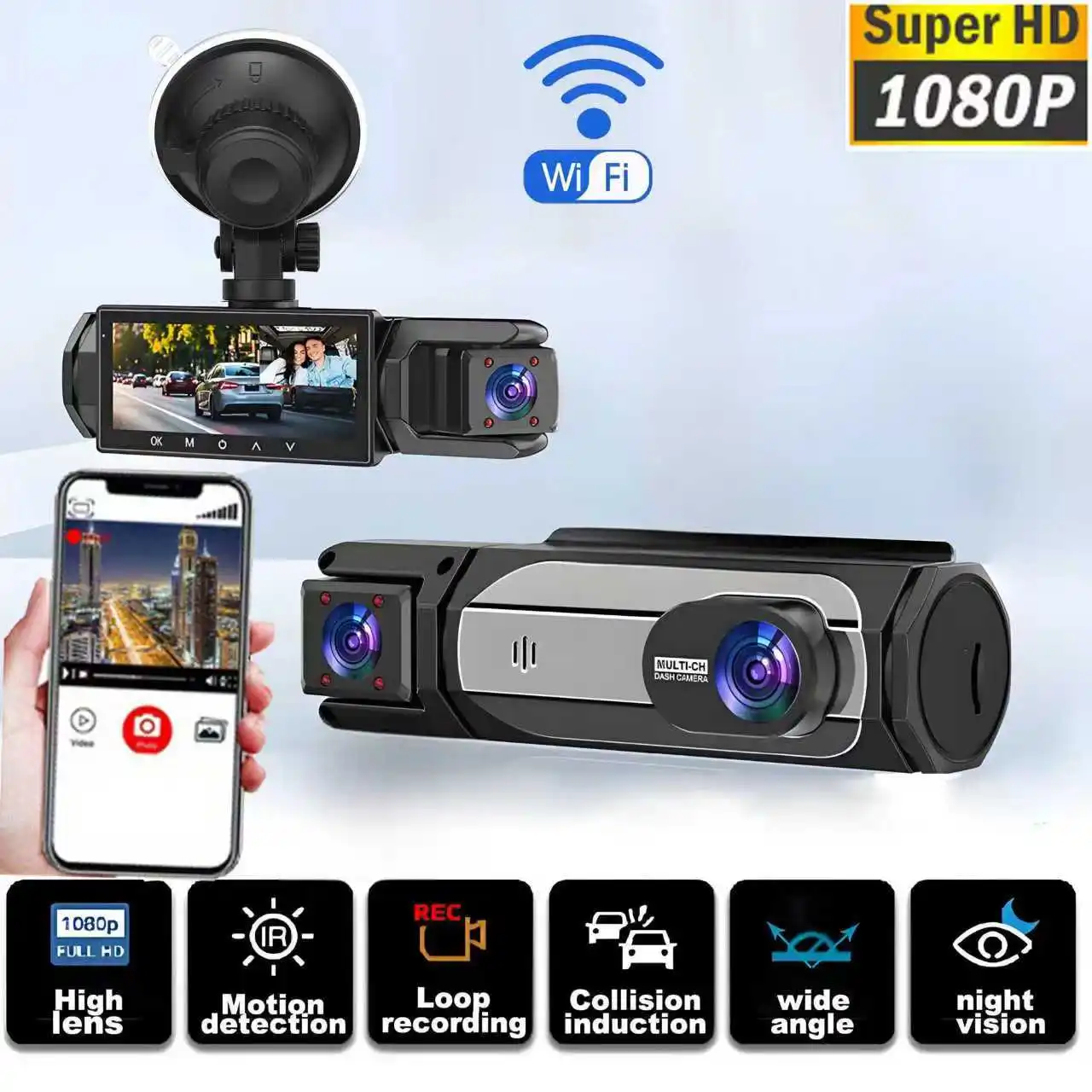 HONG TONG New 3.16-inch dual lens high-definition WIFI driving recorder supports infrared night vision ring recording