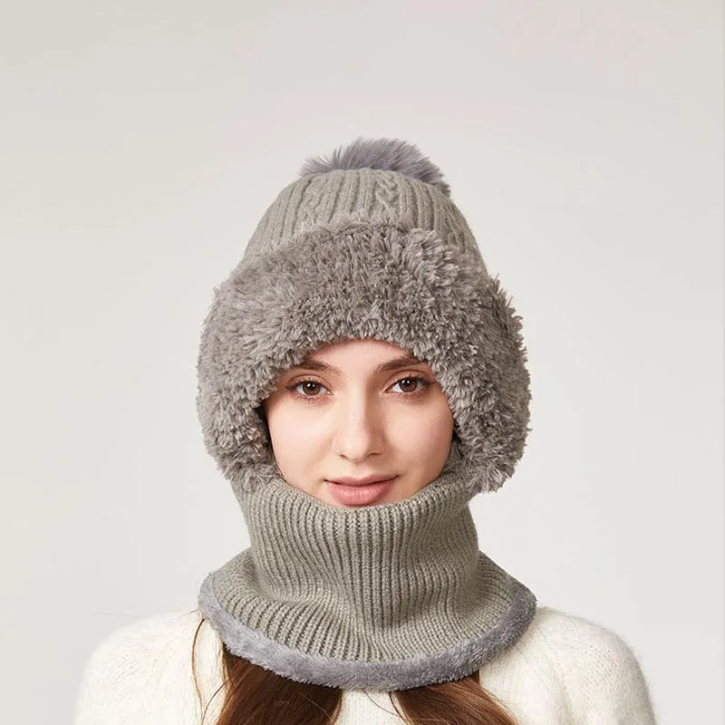 หมวกไหมพรมถักสีพื้นแบบยืดหยุ่นสูง ผ้าพันคอ หน้ากาก หมวกแบบชิ้นเดียว สีกากี สำหรับผู้หญิง ฤดูหนาว ปั่นจักรยาน กันลม สีชมพู หมวกอุ่น ขายส่ง