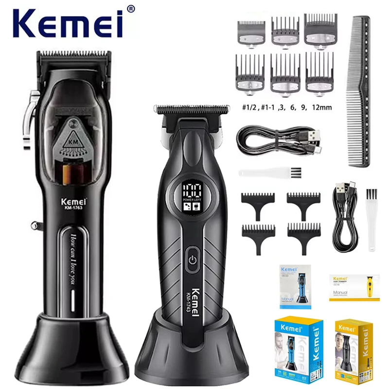 Kemei Professional Hair Clippers Rechargeable Electric Trimmer USB Charging Men's Cordless Cutting Machine KM-1763,KM-1743,Kit