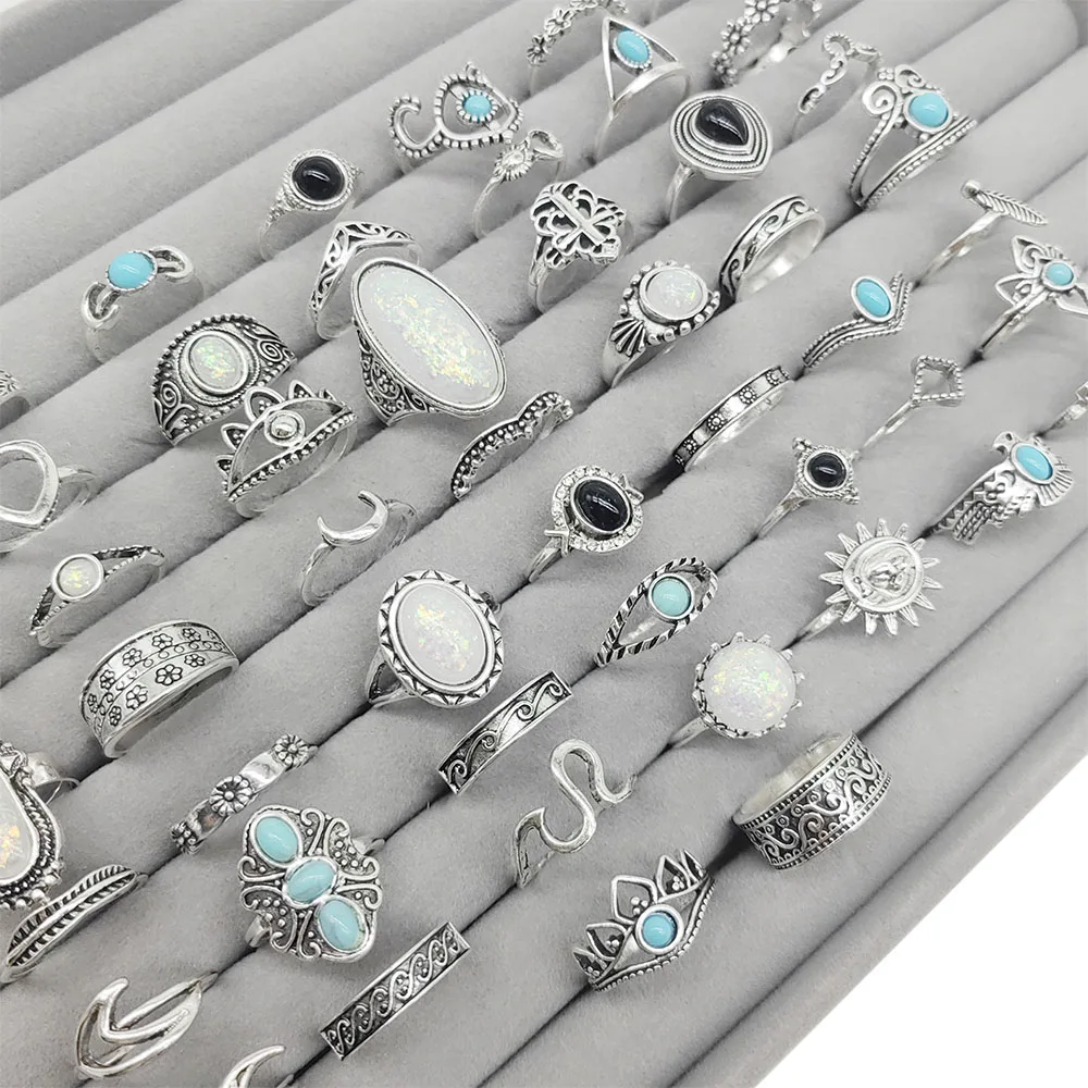 50 Stück/Los Großhandel Mix-Style Vintage Bohemia Blaue Steinringe für Frauen Opal Schwarzes Acryl Blumendesign Fingerschmuck Party – Detail 3