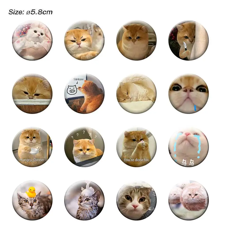 58mm Cute Funny Cat round Brooch Cartoon Animal Meme Button Pin Fashion Accessory Ideal for Backpack Hats Shirts