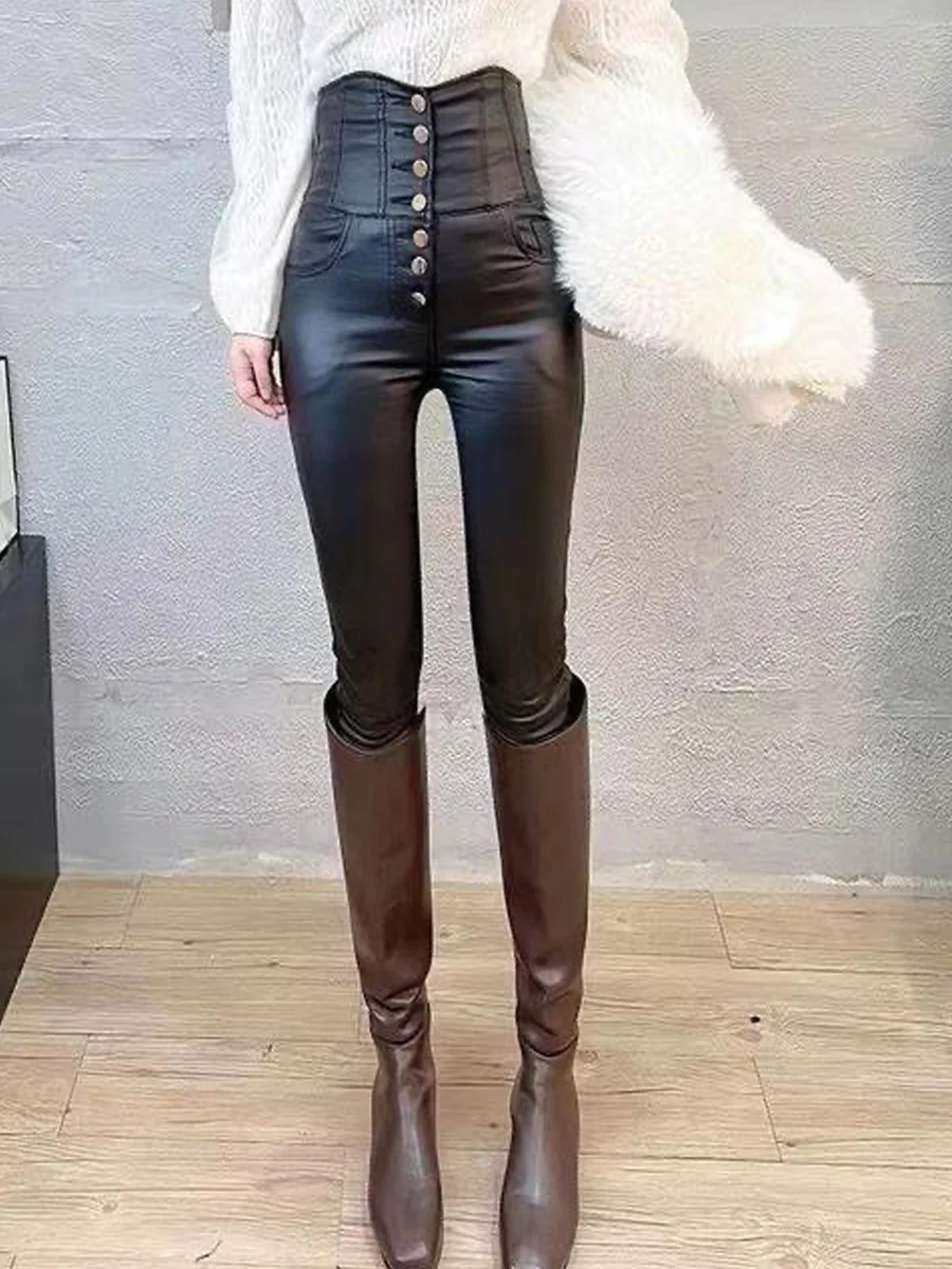 Fleece Lined High Waist Black PU Leather Pants Women's Tight Fit Bootcut Trousers Autumn New Style Elastic Base Layer Pants