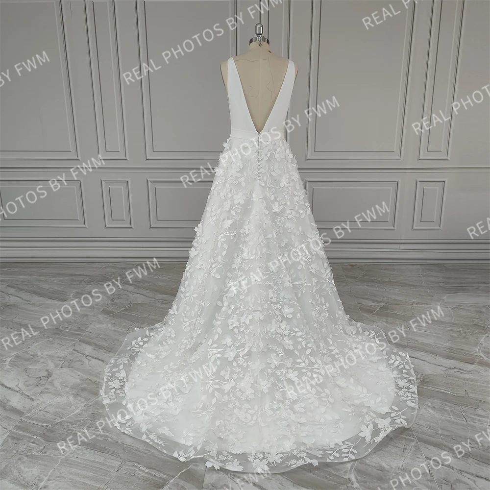 12283 #   Maßgeschneidertes Boho-Hochzeitskleid mit V-Ausschnitt und Vorderschlitz, 3D-Spitze, Sweep-Zug, A-Linie, Brautkleid für Frauen nach Maß