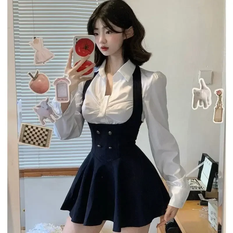 Preppy Style Vintage Fashion Suit Woman White Shirt + Short Coat High Waist Slim Y2k Mini Dress Japanese Elegant Set 2024 Chic