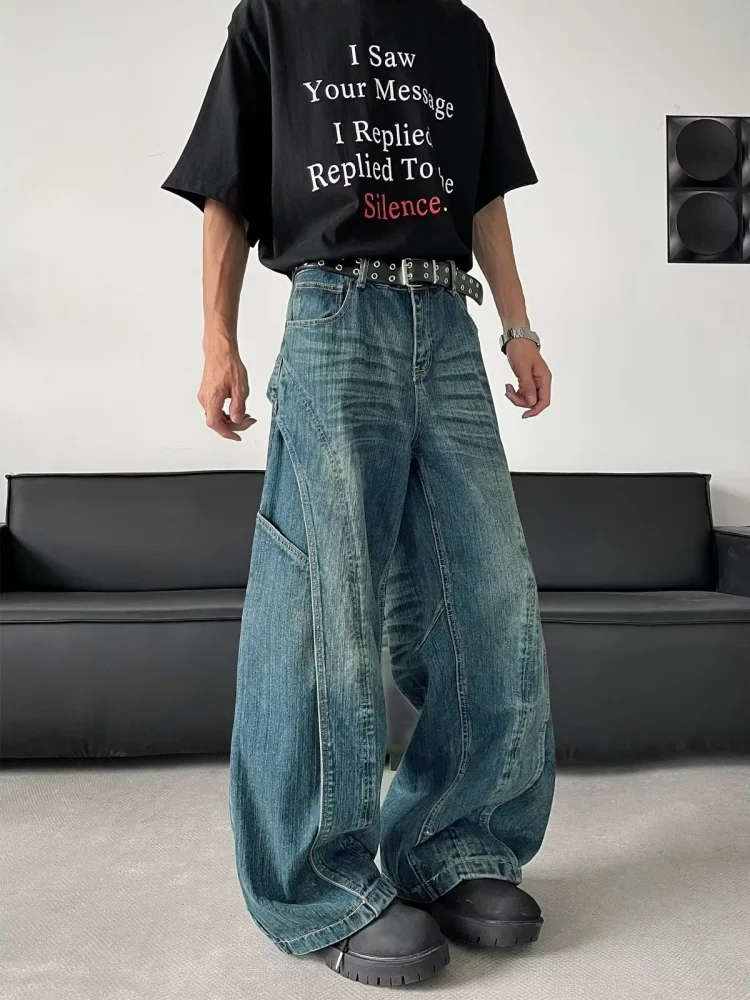 2025 Trashy Y2K Mode gewaschen blau gespleißt Baggy neue Jeans Hosen für Männer 90er Jahre Vintage Kleidung weites Bein gerade Denim Hose – Detail 7