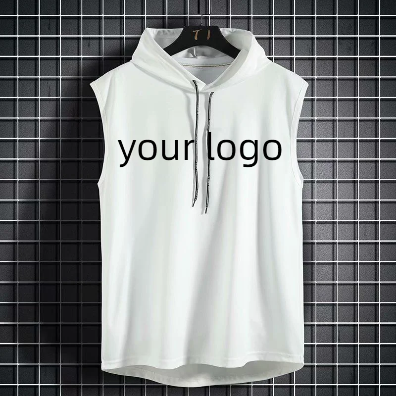 Custom Your Logo Summer Mens Muscle Hoodie Vest Sleeveless Bodybuilding Gym Workout Fitness Shirt Vest Hip Hop