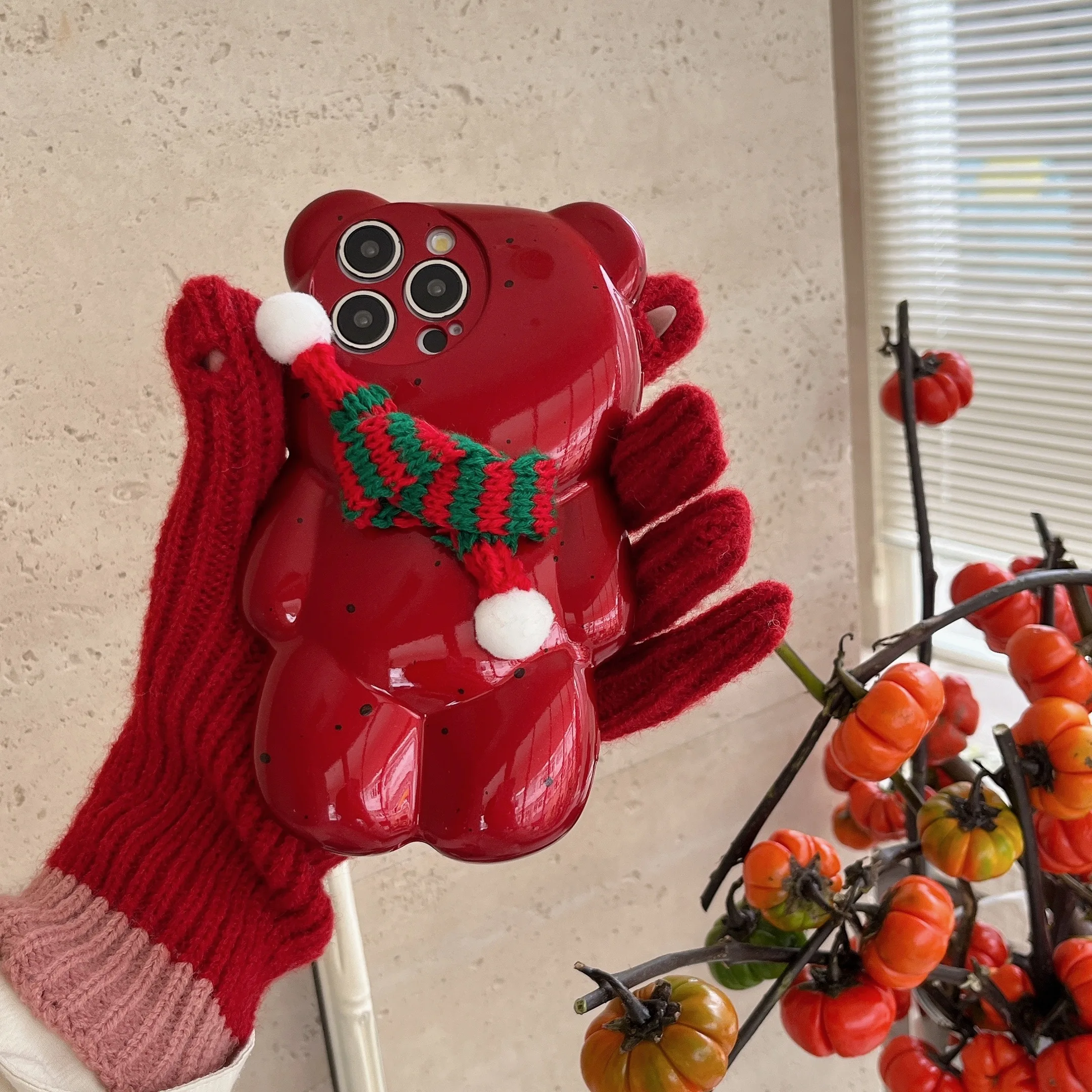 Merry Christmas 3D Cute Bear Shaped Winter Scarf Phone Case for iPhone 12 13 14 15 16 Pro Max Red New Year Soft Cover Xmas Gifts image 6