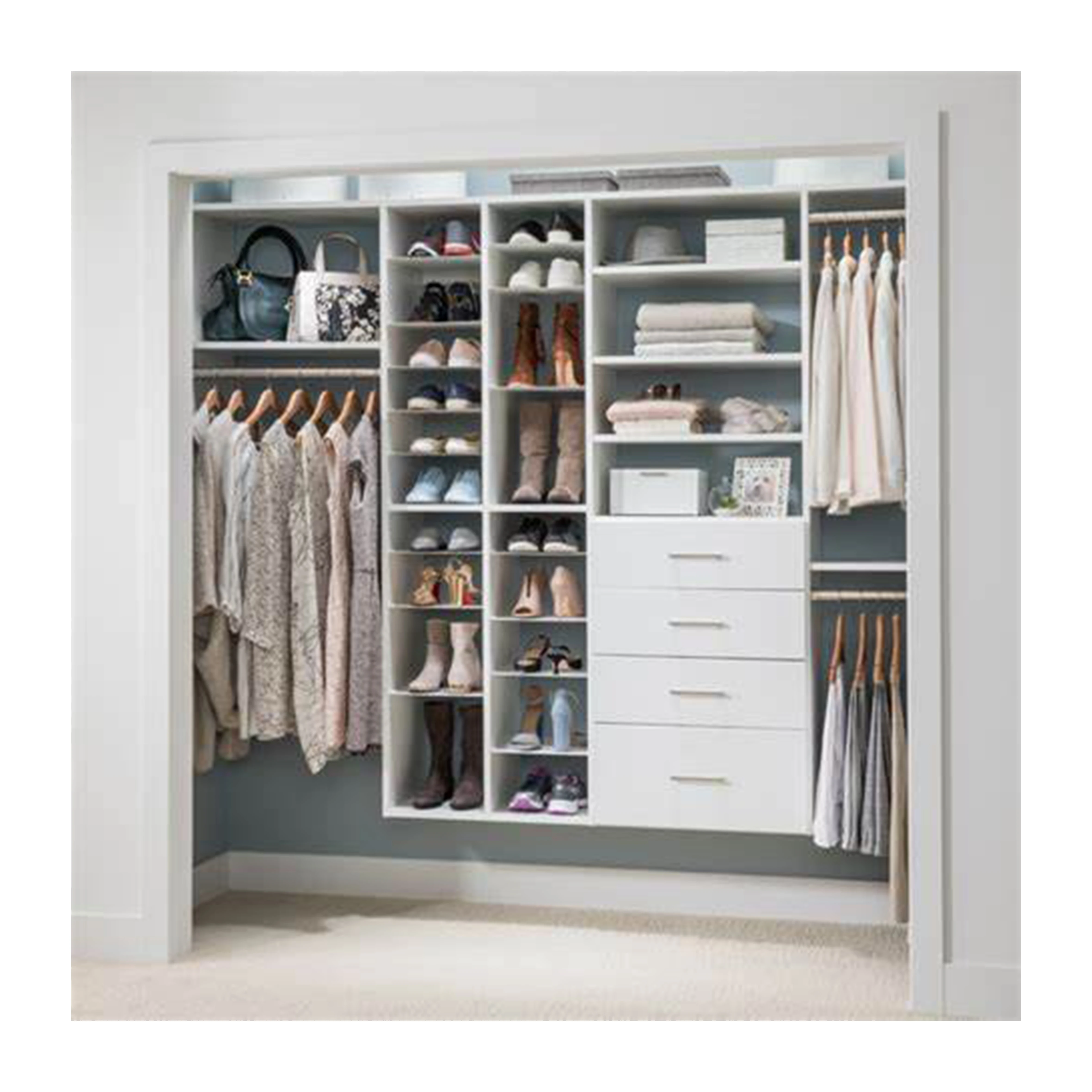 High-end Modern Walk In Bedroom Wardrobe Storage Systems Stand Alone Closet With Glass Shelves