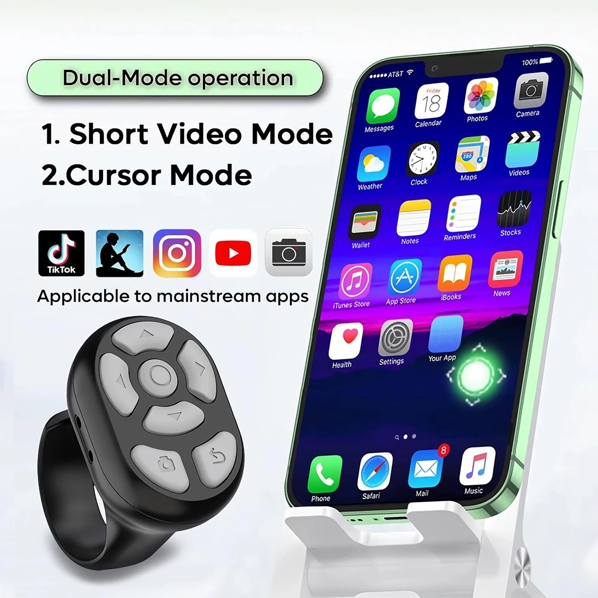 جهاز تحكم عن بعد بحلقة بلوتوث لاسلكية، وحدة تحكم فيديو لصور السيلفي بأطراف الأصابع لصفحة Tik Tok Turner لتصفح iOS Android