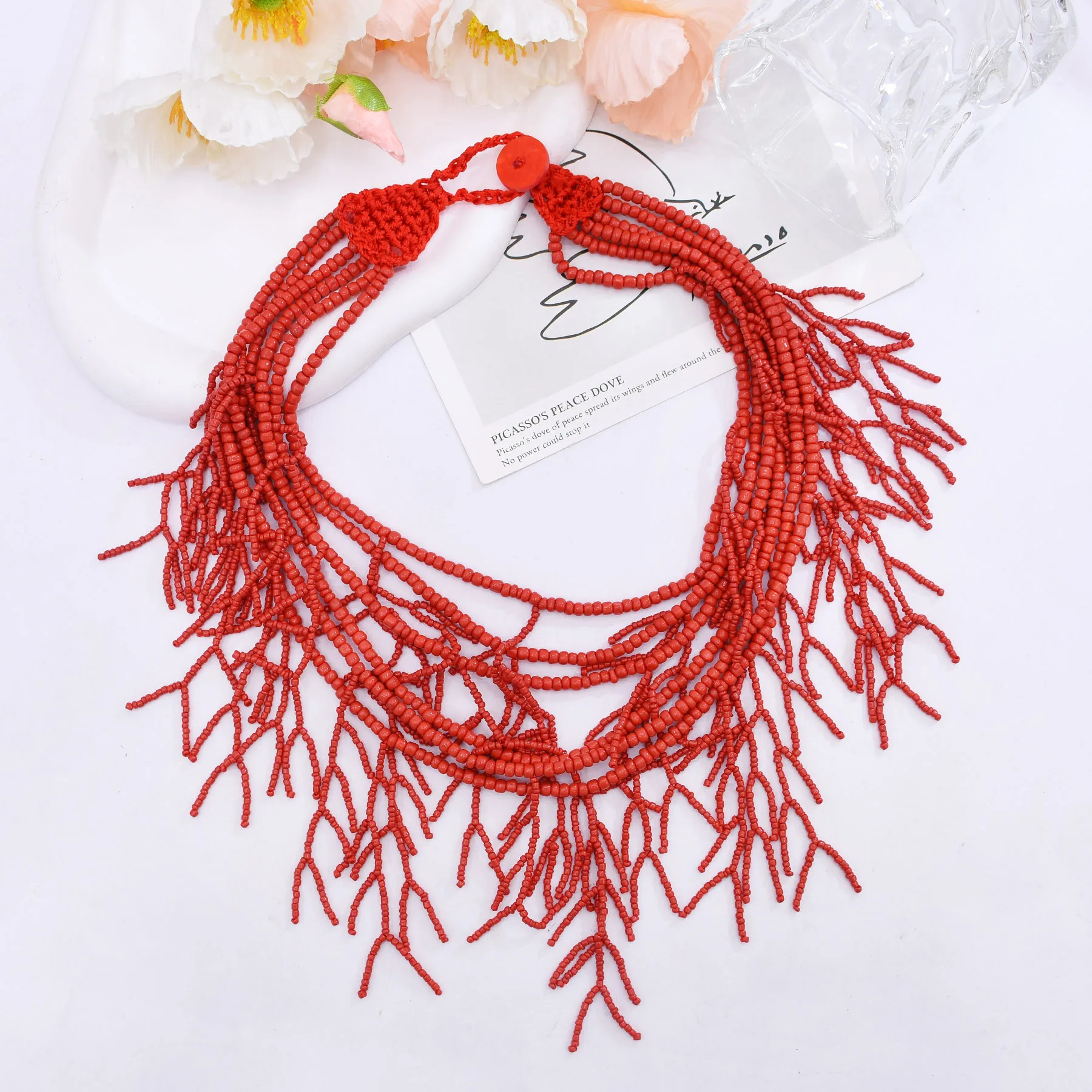 

Creative exaggerated bohemian clavicle chain multi-layer rice bead coral tassel necklace hand-woven beaded necklace for women