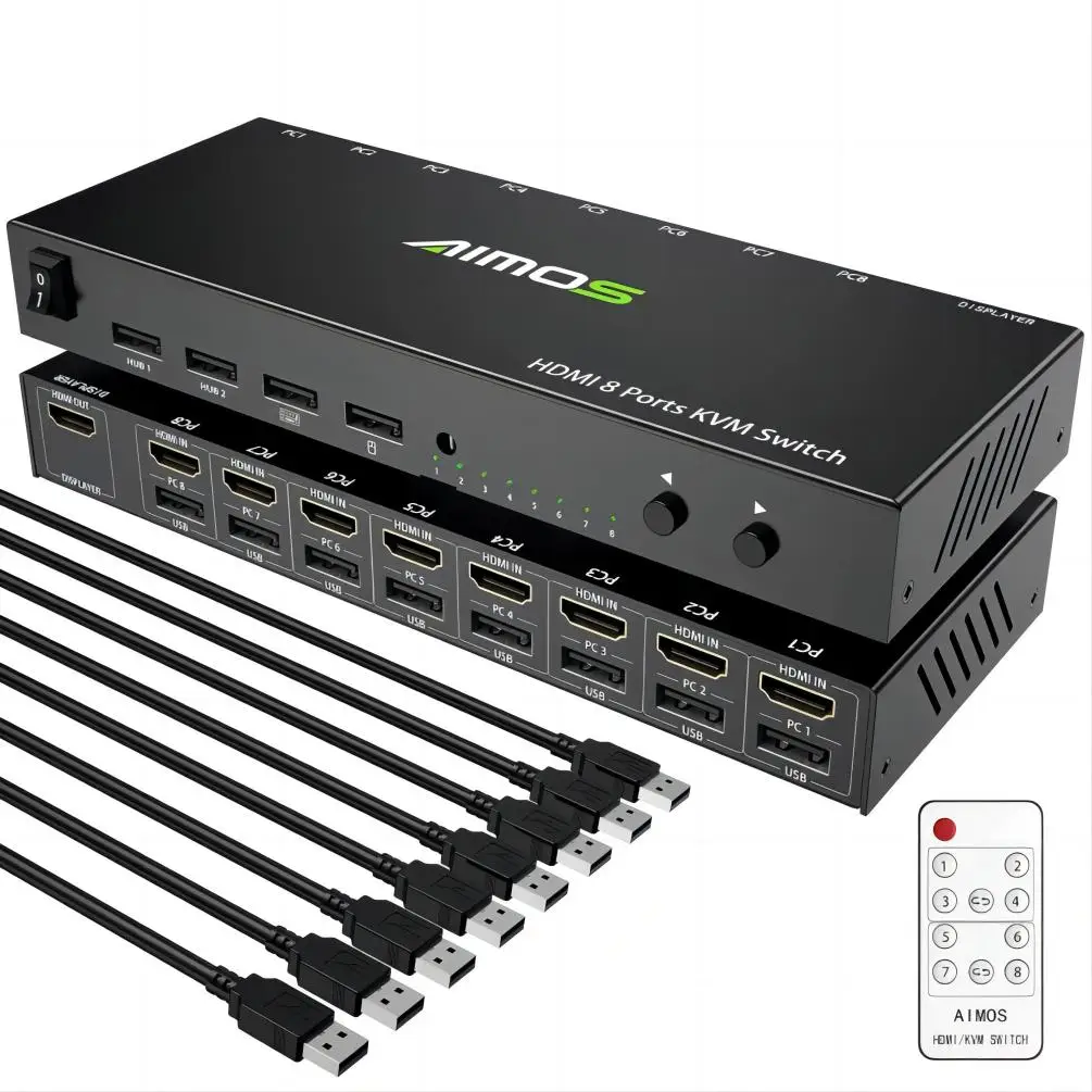 KVM USB Switch, 8 in 1 Out HDMI Switcher Box Support 4K@30Hz for 8 PC Share Keyboard and Mouse, Support USB Hub Connect