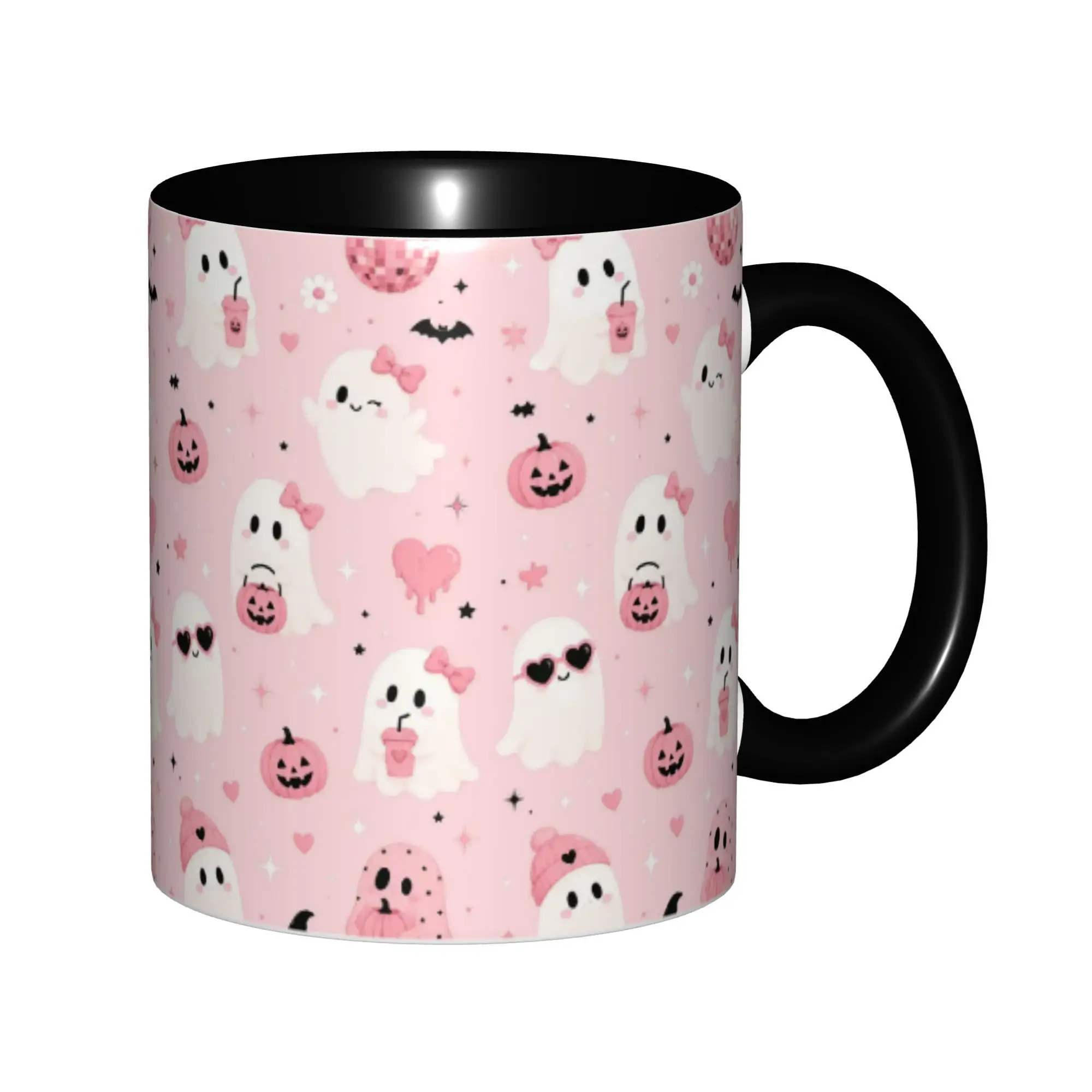 1pc Pink Kawaii Ceramic Mug with Cute Ghosts, Bows, Pumpkin, Bat & Heart Disco Ball Print - Dishwasher & Microwave Safe Suitable for Halloween, Christmas, Birthday Gifts, Hot/ Beverage Cup for, Tea, Cocoa, Dishwasher Safe Ceramic Cup