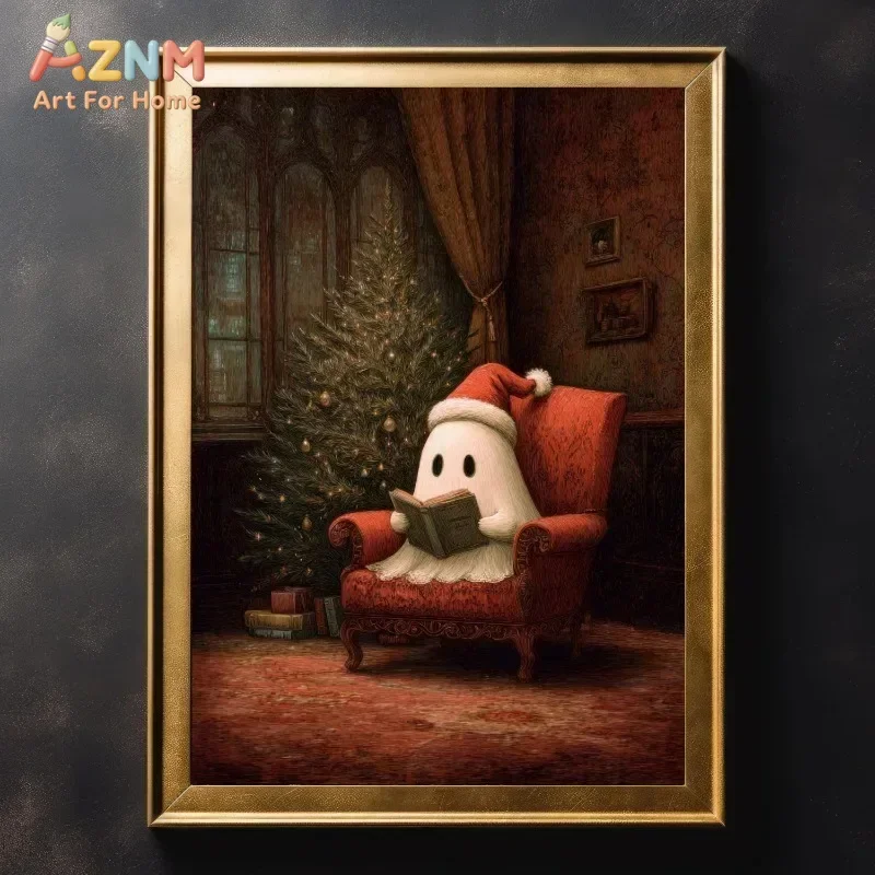 Christmas Ghost Reading Book Canvas Wall Art Spooky Vintage Xmas Ghost in Santa Hat Holiday Room Print Unframed Canvas Poster