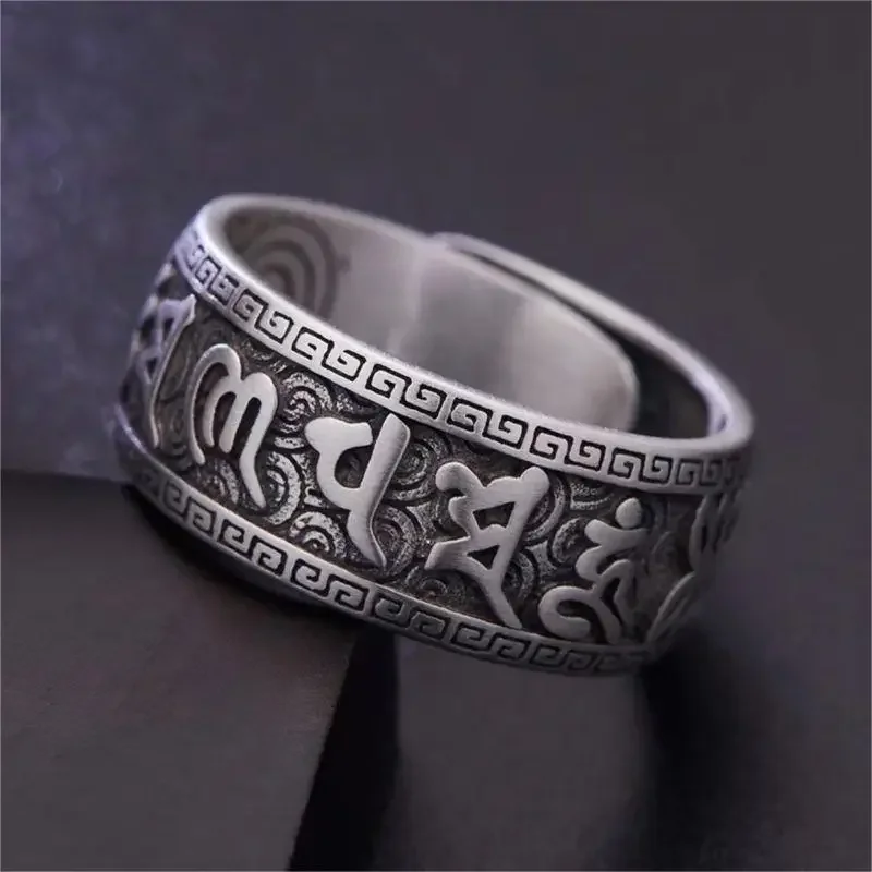 

925 Silver Ring Male Finger Accessories Personality Retro Buddhist Scripture Mantra Om Mani Padme Hum Ring For Men Adjustable